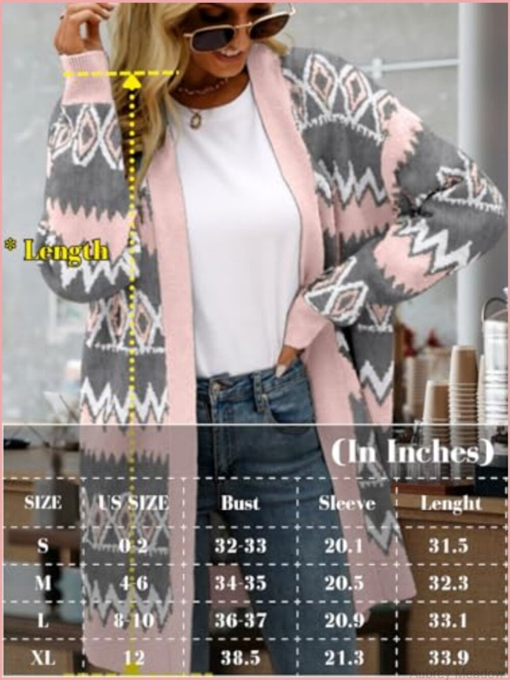 Aztec Print Long Cardigan, Open Front Knit Sweater, Lightweight - Picture 7 of 7